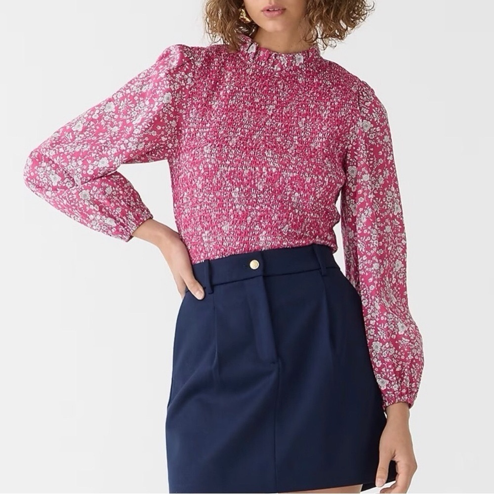 J Crew Blouse Long sleeve ruffleneck smocked top Liberty of London Print (108)